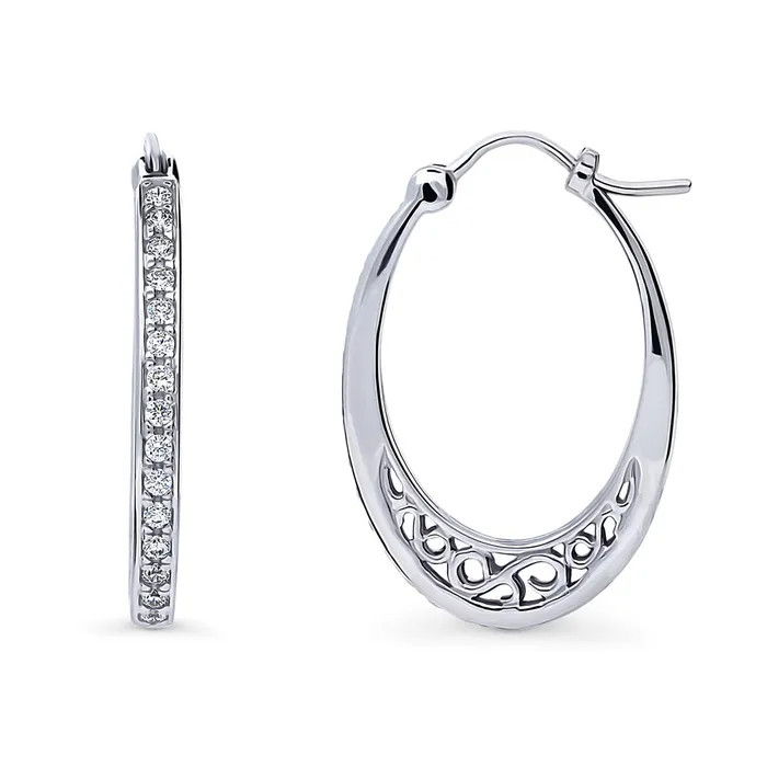 BERRICLE Oval Bar CZ Medium Hoop Earrings in Sterling Silver 1 Earrings