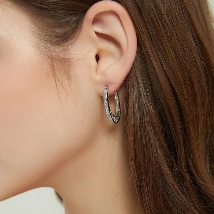 BERRICLE Oval Bar CZ Medium Hoop Earrings in Sterling Silver 1 Earrings