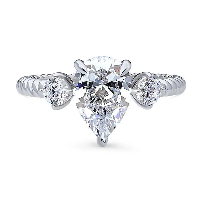 BERRICLE Rings 3Stone Woven 18ct Pear CZ Ring in Sterling Silver