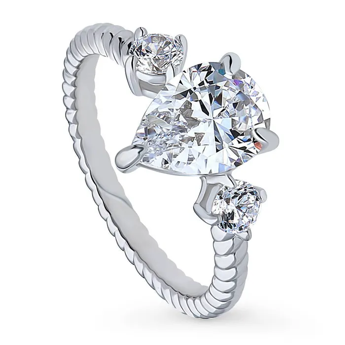 BERRICLE Rings 3Stone Woven 18ct Pear CZ Ring in Sterling Silver