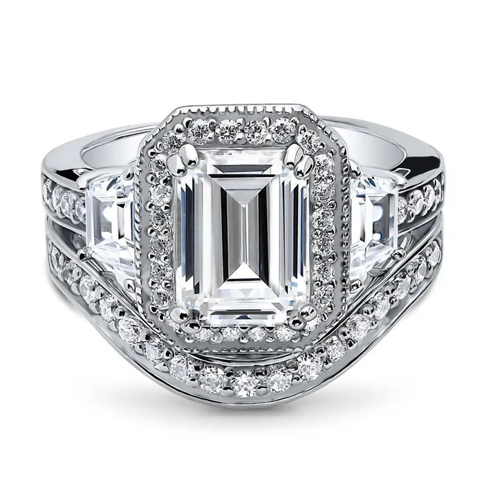 BERRICLE Rings Halo Emerald Cut CZ Ring Set in Sterling Silver