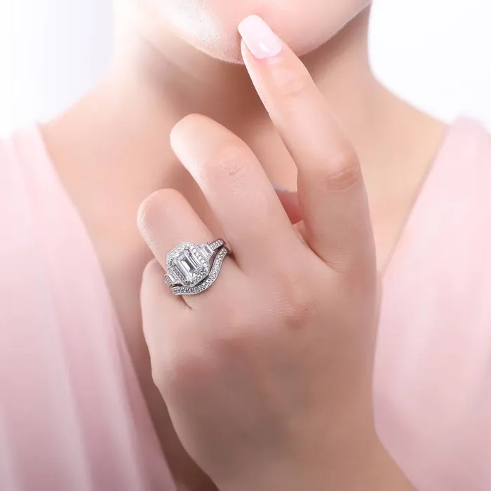BERRICLE Rings Halo Emerald Cut CZ Ring Set in Sterling Silver
