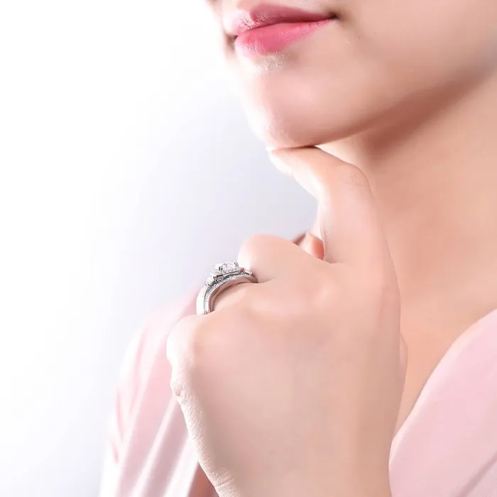 BERRICLE Rings Halo Emerald Cut CZ Ring Set in Sterling Silver