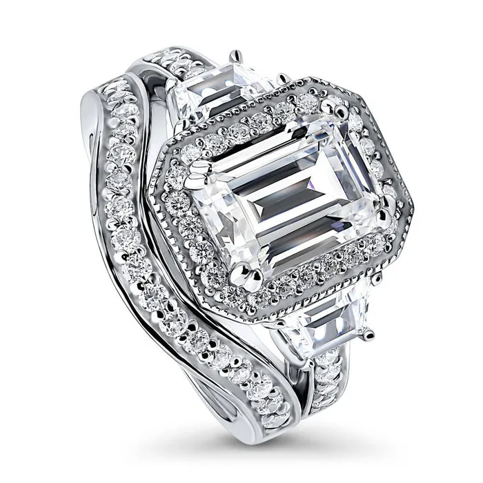 BERRICLE Rings Halo Emerald Cut CZ Ring Set in Sterling Silver