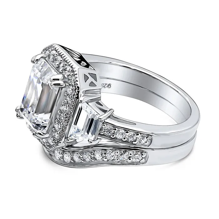 BERRICLE Rings Halo Emerald Cut CZ Ring Set in Sterling Silver