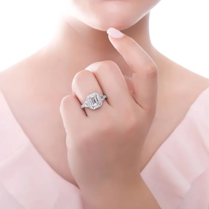 BERRICLE Rings Halo Emerald Cut CZ Ring Set in Sterling Silver