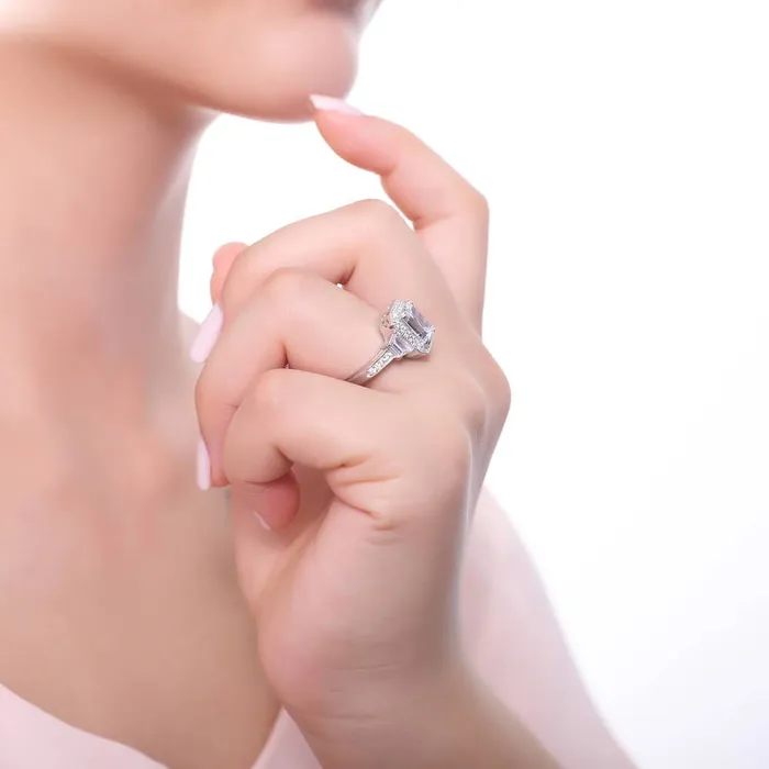 BERRICLE Rings Halo Emerald Cut CZ Ring Set in Sterling Silver
