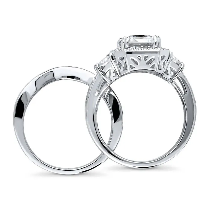 BERRICLE Rings Halo Emerald Cut CZ Ring Set in Sterling Silver