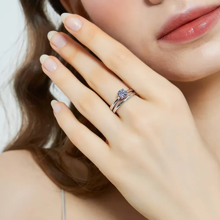 BERRICLE Rings Solitaire Kaleidoscope Purple Aqua CZ Ring Set in Sterling Silver