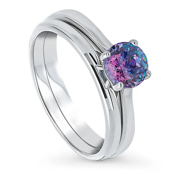 BERRICLE Rings Solitaire Kaleidoscope Purple Aqua CZ Ring Set in Sterling Silver