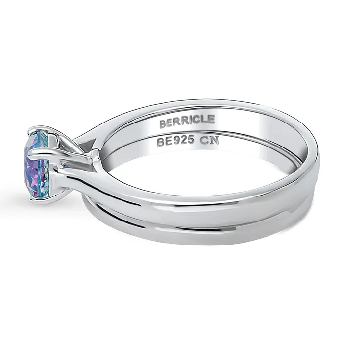 BERRICLE Rings Solitaire Kaleidoscope Purple Aqua CZ Ring Set in Sterling Silver