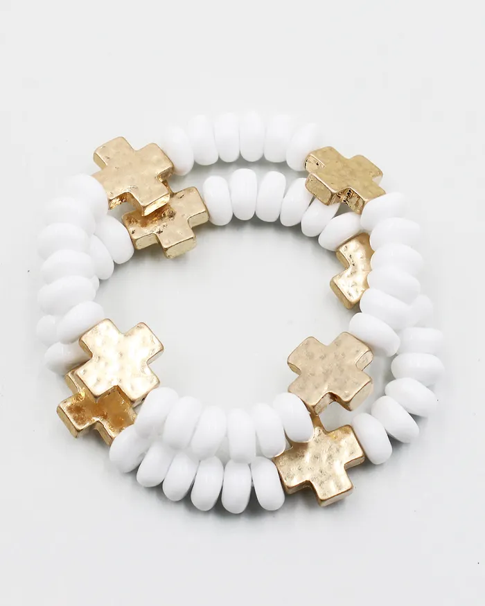 CHECK20241 Bracelets Triple Layered Natural Stone Bracelet with Gold Cross