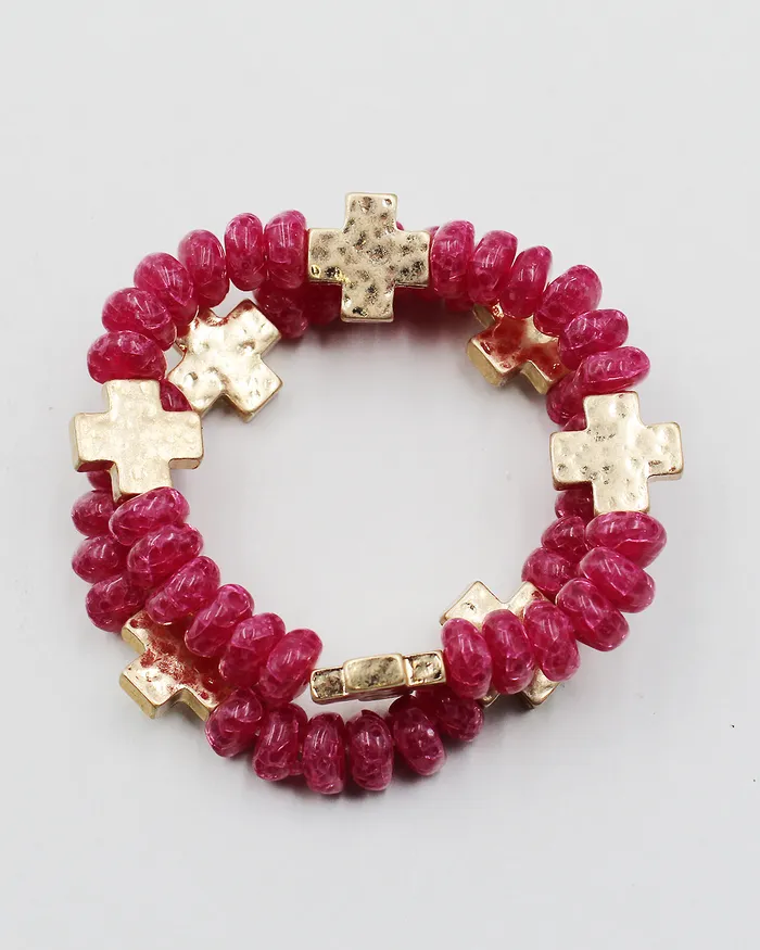 CHECK20241 Bracelets Triple Layered Natural Stone Bracelet with Gold Cross CHECK20241 Bracelets Triple Layered Natural Stone Bracelet with Gold Cross