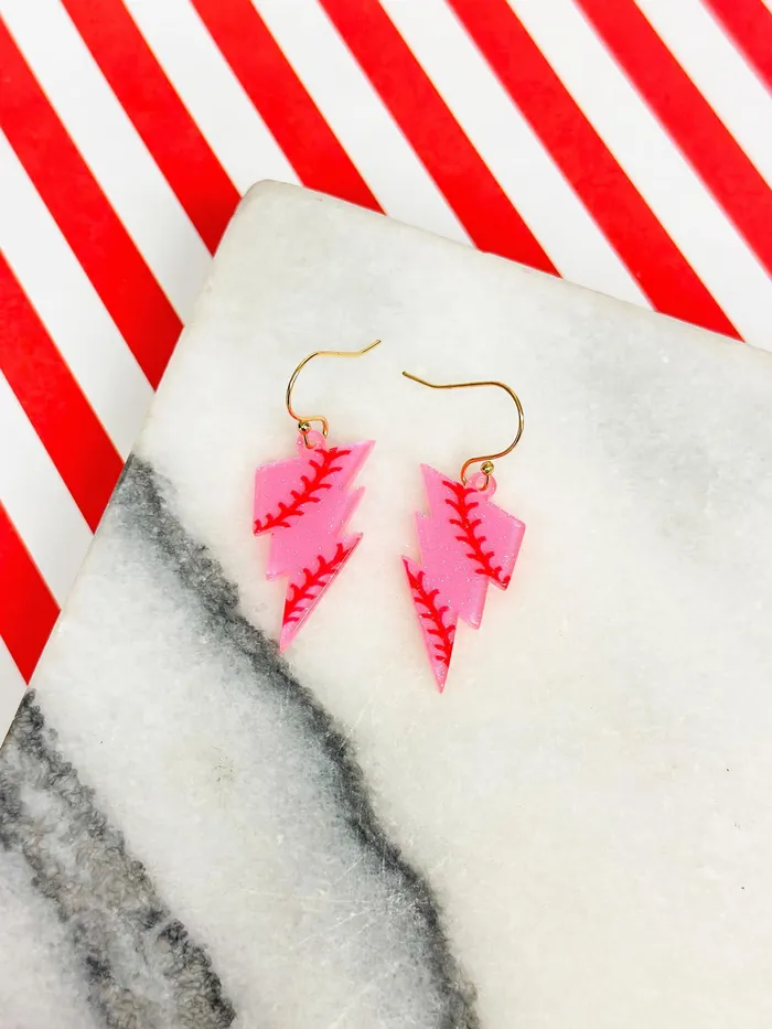 Earrings Prep Obsessed VP Baseball Lightening Dangle Earrings Pink