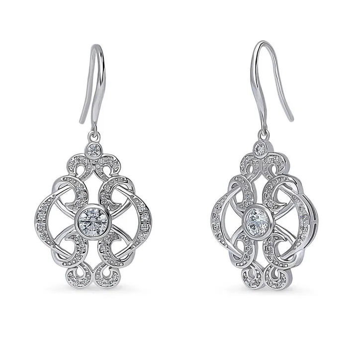 Flower Art Deco CZ Fish Hook Earrings in Sterling Silver BERRICLE Earrings