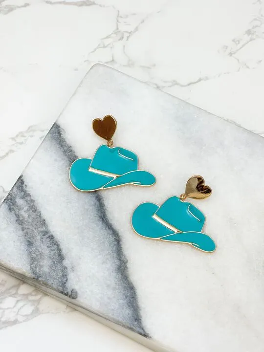 Heart Cowboy Hat Enamel Dangle Earrings Blue Prep Obsessed PR Earrings