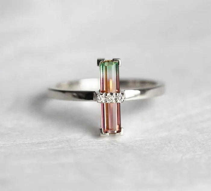 Margo Watermelon Tourmaline Ring With Diamonds Ready to Ship Capucinne Rings