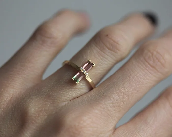 Margo Watermelon Tourmaline Ring With Diamonds Ready to Ship Capucinne Rings