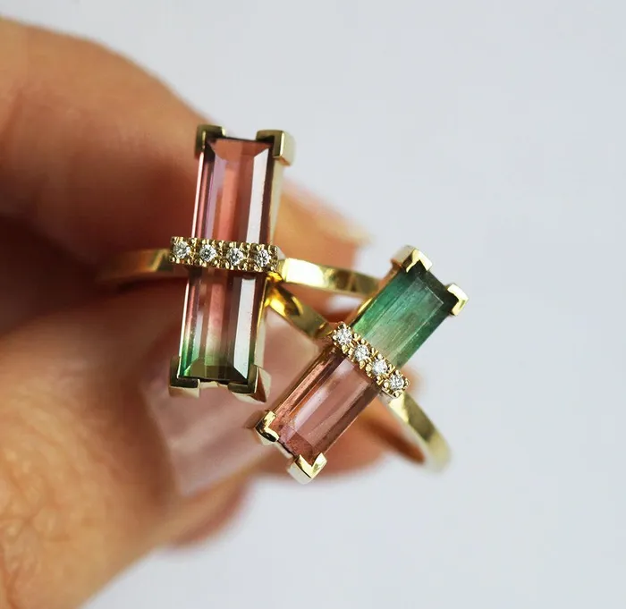 Margo Watermelon Tourmaline Ring With Diamonds Ready to Ship Capucinne Rings