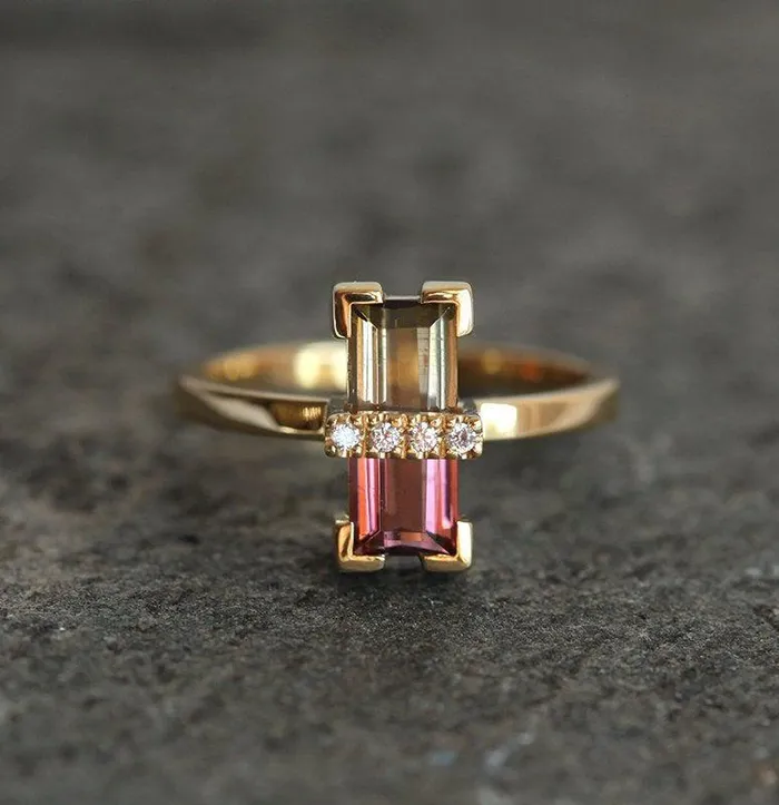 Margo Watermelon Tourmaline Ring With Diamonds Ready to Ship Capucinne Rings