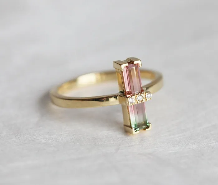 Margo Watermelon Tourmaline Ring With Diamonds Ready to Ship Capucinne Rings