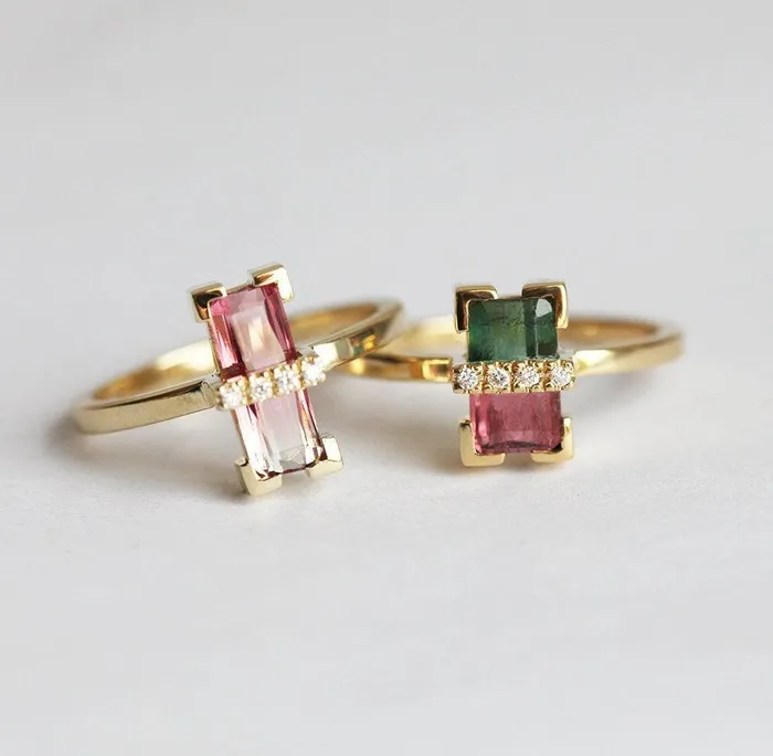 Margo Watermelon Tourmaline Ring With Diamonds Ready to Ship Capucinne Rings