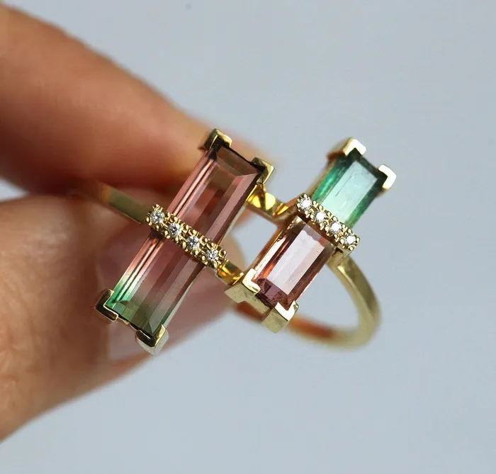 Margo Watermelon Tourmaline Ring With Diamonds Ready to Ship Capucinne Rings