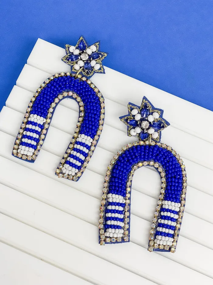 Prep Obsessed TL Earrings Game Day Beaded Arch Dangle Earrings Blue White