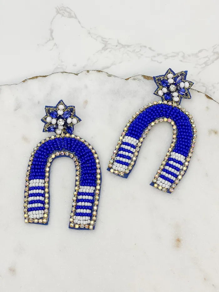 Prep Obsessed TL Earrings Game Day Beaded Arch Dangle Earrings Blue White