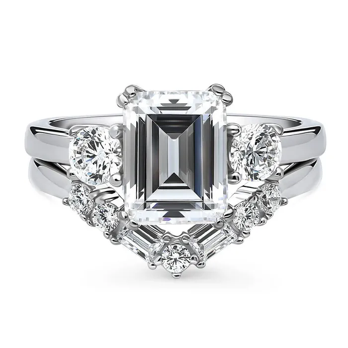 Rings BERRICLE 3Stone 7Stone 26ct Emerald Cut CZ Ring Set in Sterling Silver Rings BERRICLE 3Stone 7Stone 26ct Emerald Cut CZ Ring Set in Sterling Silver