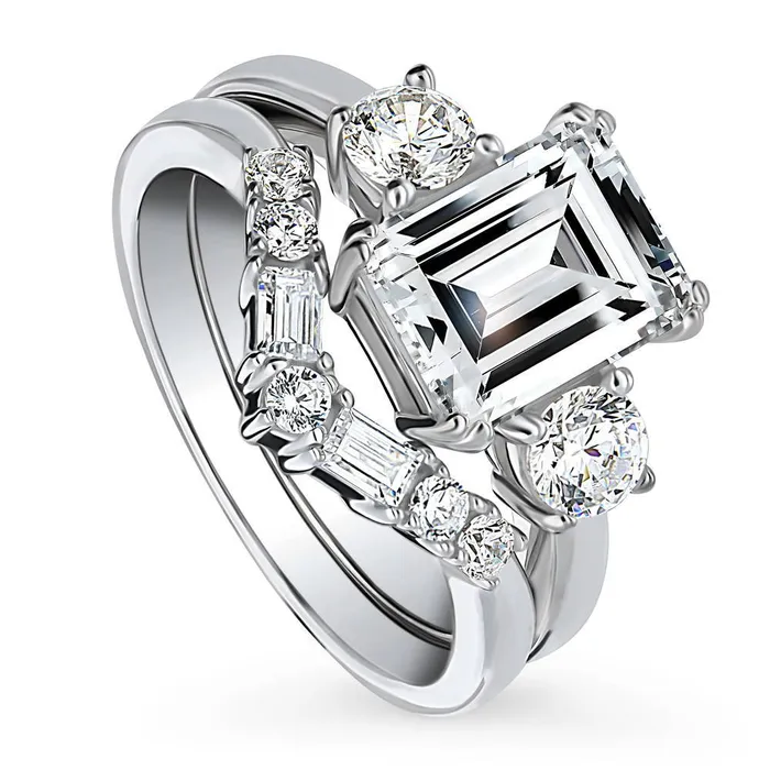 Rings BERRICLE 3Stone 7Stone 26ct Emerald Cut CZ Ring Set in Sterling Silver