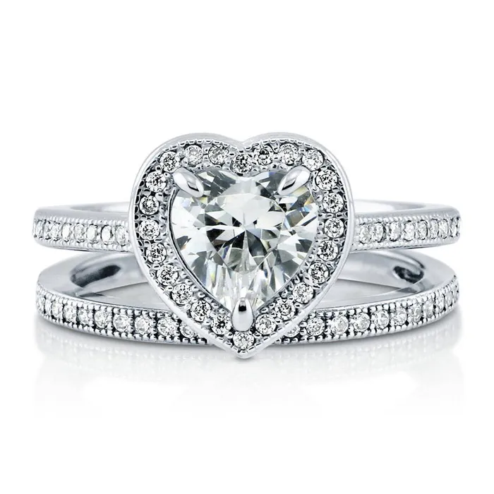 Rings BERRICLE Halo Heart Heart CZ Ring Set in Sterling Silver