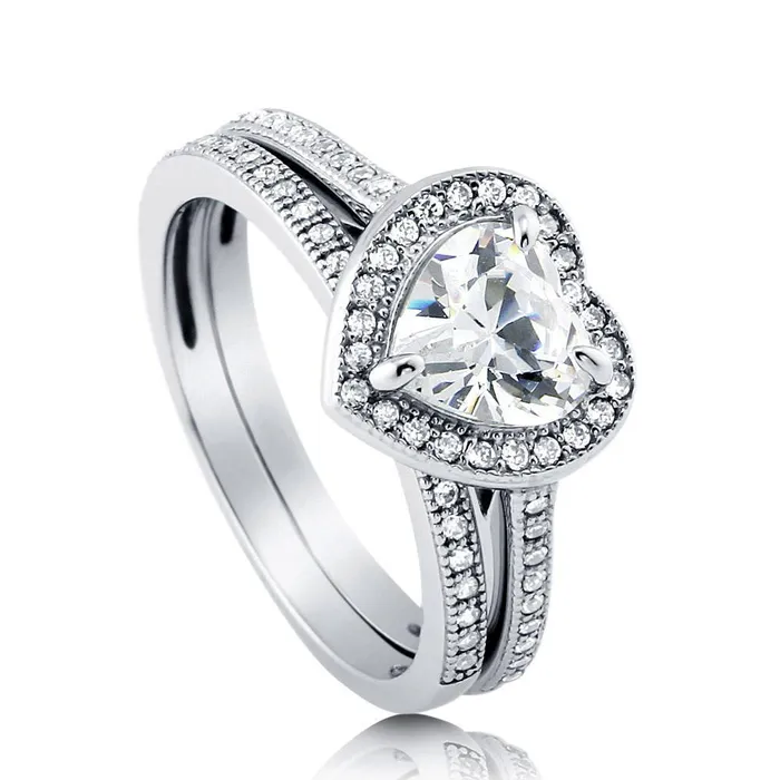 Rings BERRICLE Halo Heart Heart CZ Ring Set in Sterling Silver