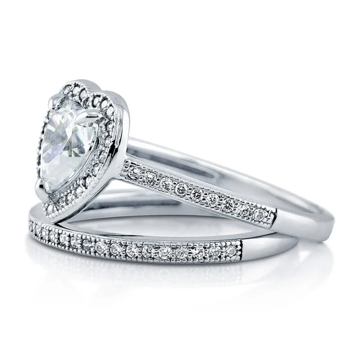 Rings BERRICLE Halo Heart Heart CZ Ring Set in Sterling Silver