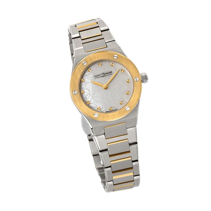 Saint Honore Bracelets Saint Honore NEW HAUSSMAN Womens White MOP Dial Stainless Steel Gold Plated Bracelet Watch