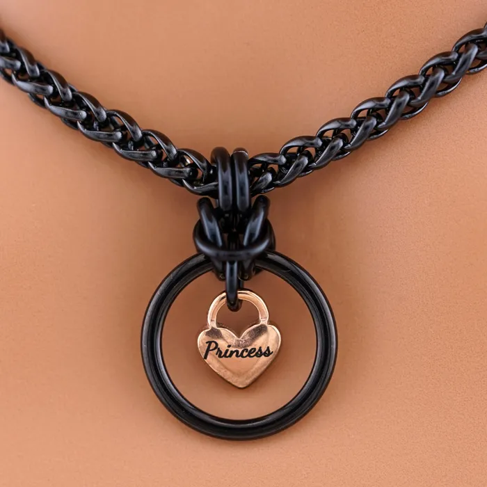 Captive Collars Rings Engraved Heart Chainmaille O Ring Black Wheat Chain