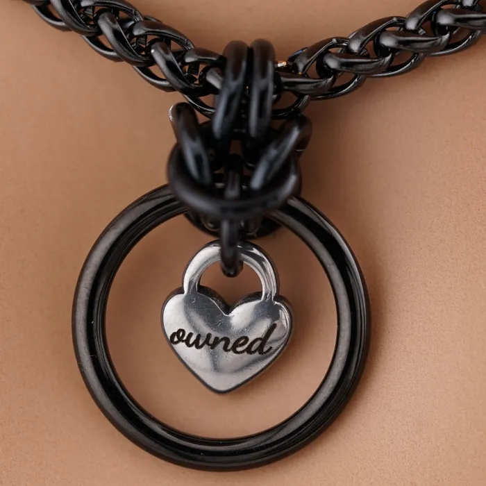 Captive Collars Rings Engraved Heart Chainmaille O Ring Black Wheat Chain