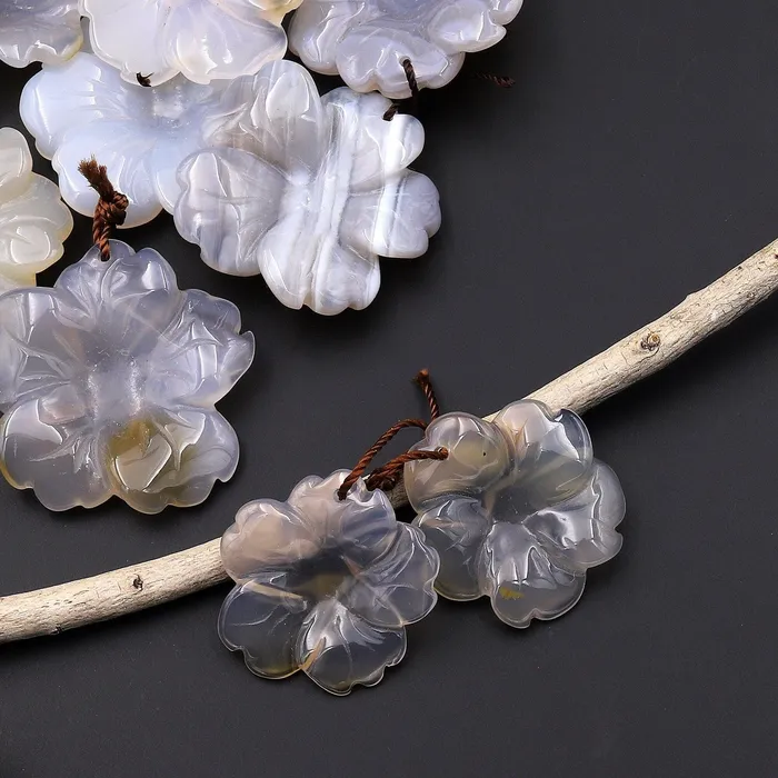 Hand Carved Natural Gray Agate Flower Earring Pair Drilled Gemstone Matched Beads A2 Intrinsic Trading Earrings Hand Carved Natural Gray Agate Flower Earring Pair Drilled Gemstone Matched Beads A2 Intrinsic Trading Earrings