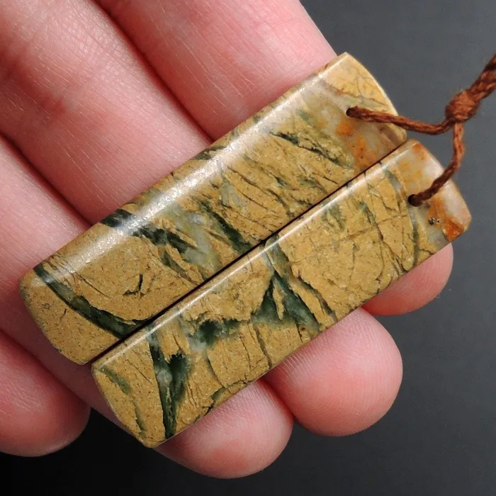 Intrinsic Trading Earrings Drilled Natural Green Canyon Jasper Earring Pair Rectangle Cabochon Cab Pair Drilled Matched Earrings Bead Pair E3150