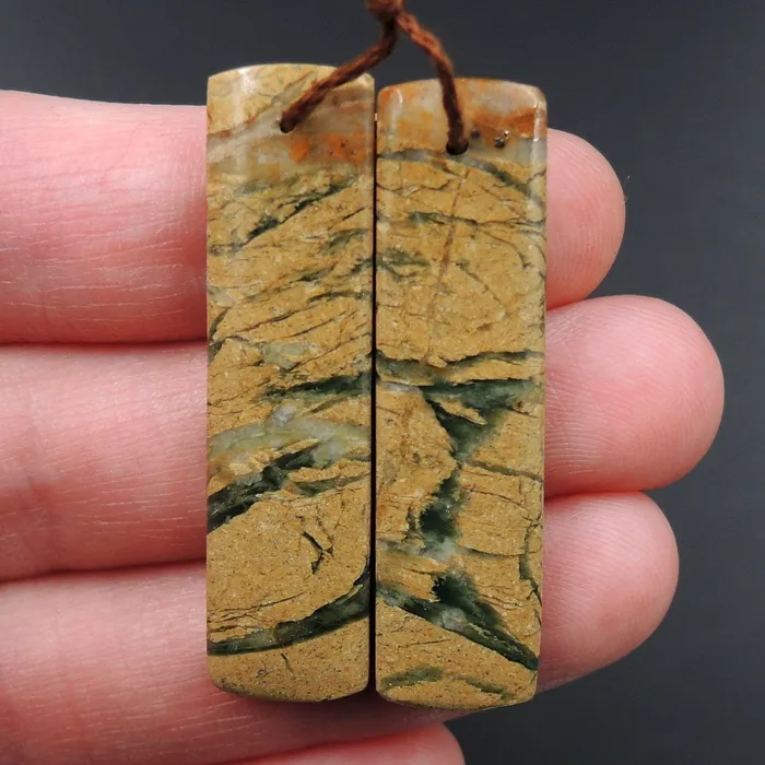 Intrinsic Trading Earrings Drilled Natural Green Canyon Jasper Earring Pair Rectangle Cabochon Cab Pair Drilled Matched Earrings Bead Pair E3150