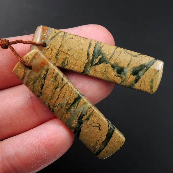 Intrinsic Trading Earrings Drilled Natural Green Canyon Jasper Earring Pair Rectangle Cabochon Cab Pair Drilled Matched Earrings Bead Pair E3150