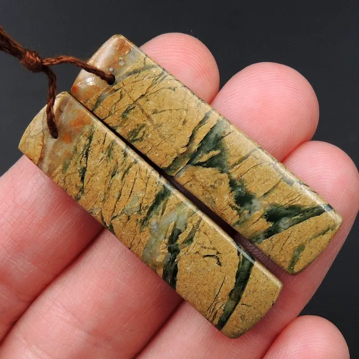Intrinsic Trading Earrings Drilled Natural Green Canyon Jasper Earring Pair Rectangle Cabochon Cab Pair Drilled Matched Earrings Bead Pair E3150