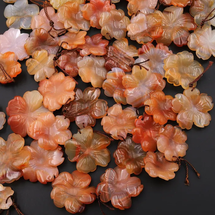 Intrinsic Trading Earrings Hand Carved Natural Peach Orange Carnelian Flower Earring Pair Drilled Translucent Gemstone Matched Beads