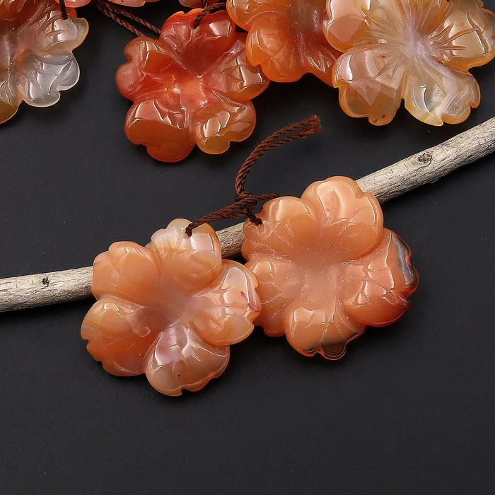 Intrinsic Trading Earrings Hand Carved Natural Peach Orange Carnelian Flower Earring Pair Drilled Translucent Gemstone Matched Beads