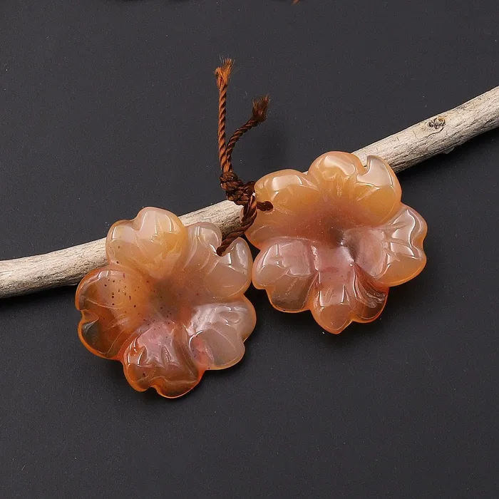 Intrinsic Trading Earrings Hand Carved Natural Peach Orange Carnelian Flower Earring Pair Drilled Translucent Gemstone Matched Beads