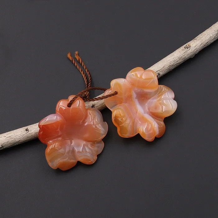 Intrinsic Trading Earrings Hand Carved Natural Peach Orange Carnelian Flower Earring Pair Drilled Translucent Gemstone Matched Beads