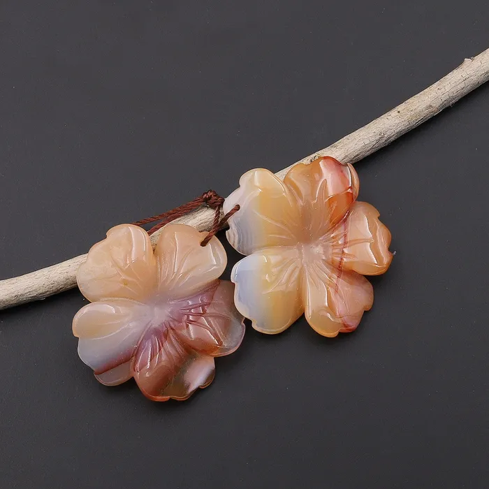 Intrinsic Trading Earrings Hand Carved Natural Peach Orange Carnelian Flower Earring Pair Drilled Translucent Gemstone Matched Beads