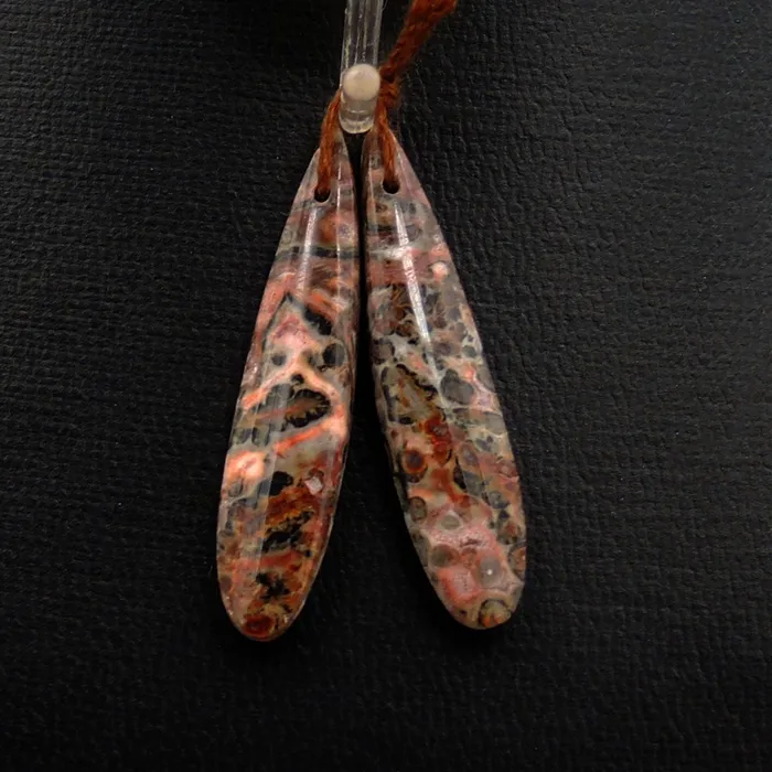 Intrinsic Trading Earrings Natural Leopard Skin Jasper Earring Pair Drilled Long Teardrop Gemstone Earring Cabochon Cab Matched Bead Pair