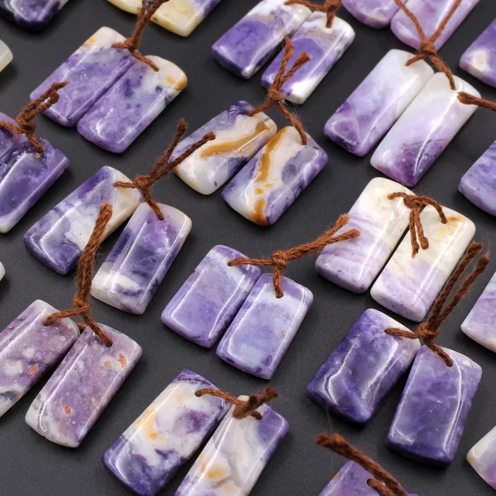 Intrinsic Trading Earrings Natural Mexican Purple Opal Short Rectangle Earring Pair Drilled Cabochon Cab Drilled Matched Gemstone Bead Pair