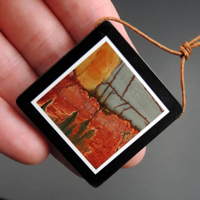 Intrinsic Trading Necklaces Intarsia Pendant Natural Red Creek Jasper W Black Onyx Inlay Side Drilled Square Pendant Multi Color Picasso Jasper Picture Frame P1472